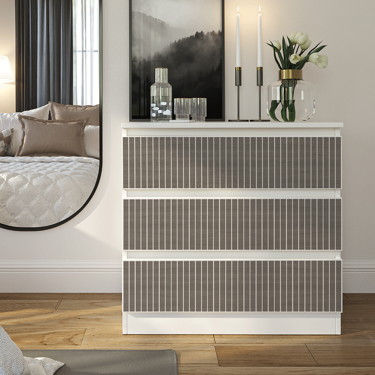 Möbelfolie für IKEA MALM Kommode 3-Schubladen 80x78 Holzoptik 'Dark Driftwood'