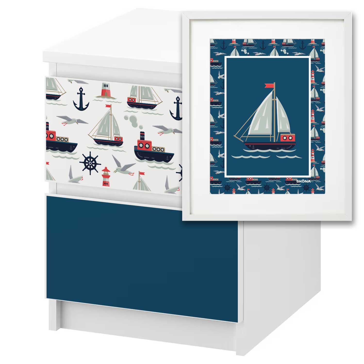 Möbelfolie Kinder für IKEA MALM Kommode 2-Schubladen 'Segelboot' Poster Bundle