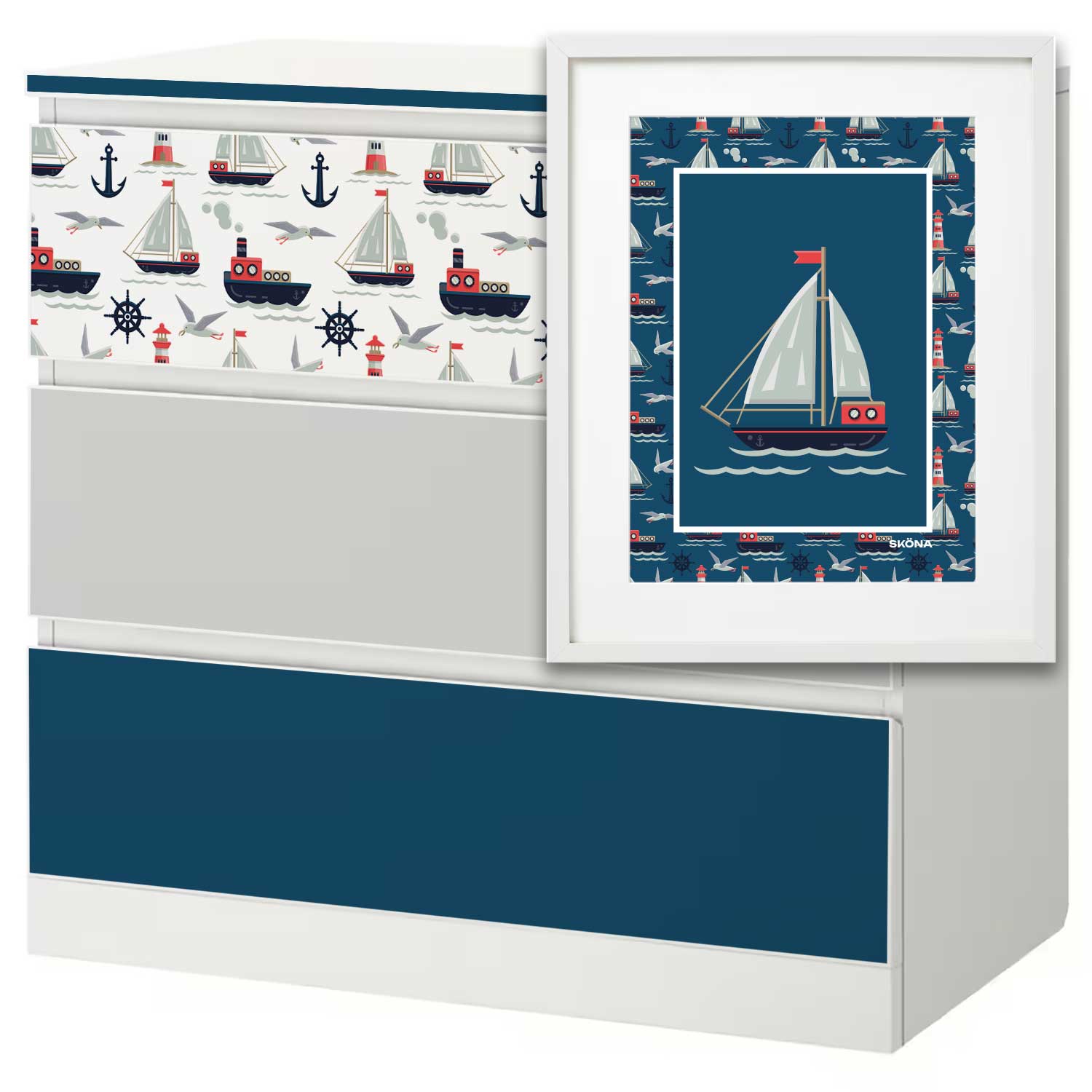 Möbelfolie Kinder für IKEA MALM Kommode 3-Schubladen 80x78 'Segelboot' Poster Bundle